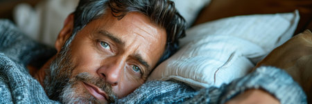 Close-up of a person laying on a bed.の素材