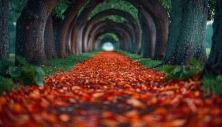 Trees forming a tunnel with red leaves on the ground.の素材