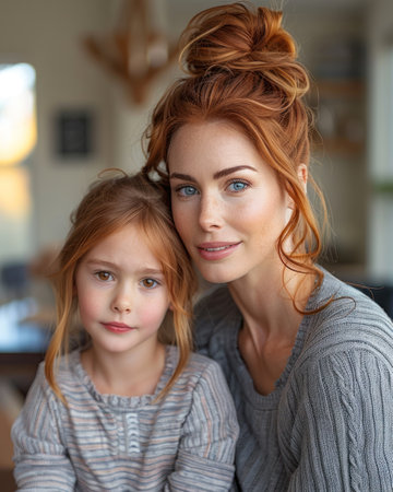 A woman and a little girl sitting side by side.の素材