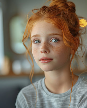 A young girl with freckled hair and blue eyes standing outdoors.の素材