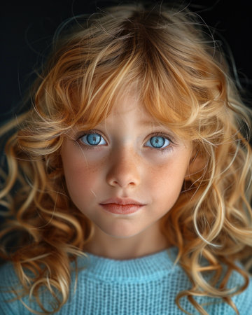 Extreme close-up of a child with striking blue eyes.の素材