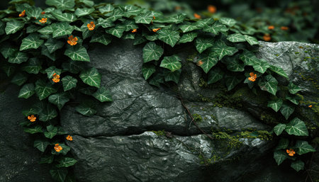 A rock adorned with lush green leaves and vibrant orange flowers.の素材