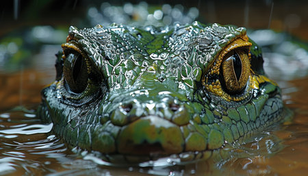 Intense close-up of a crocodiles face submerged in water.の素材