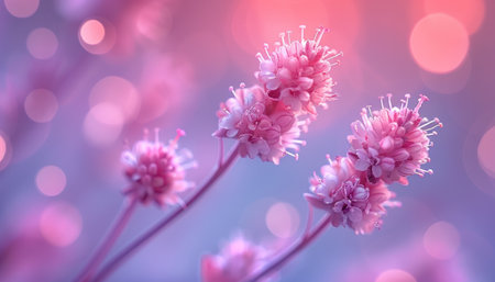 Three pink flowers in close-up on a blurred background.の素材