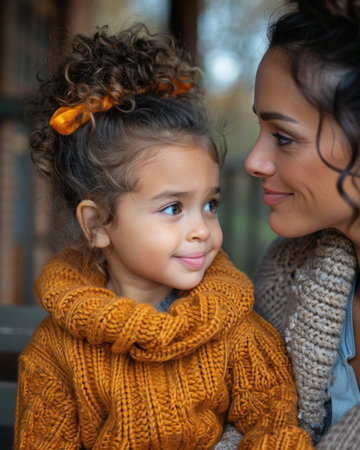 Woman and little girl sitting side by side.の素材