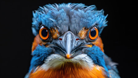 Close-up view of a vibrant bird against a black backdrop.の素材