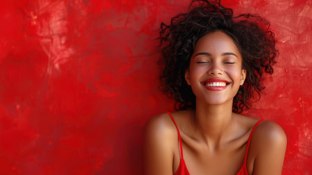 A smiling woman in a red dress sits in front of a red wall.の素材