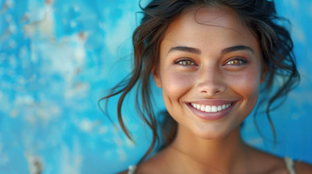 A woman standing in front of a vibrant blue wall, smiling happily.の素材