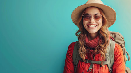 Woman standing in front of blue wall wearing hat and sunglasses.の素材