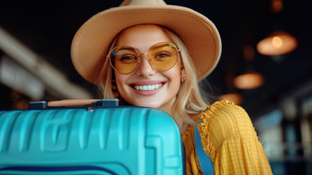 A woman wearing a hat and sunglasses holds a blue suitcase.の素材