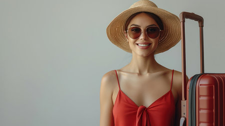 Woman wearing straw hat and sunglasses with a suitcase.の素材