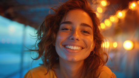 A woman smiles in front of shimmering lights.の素材