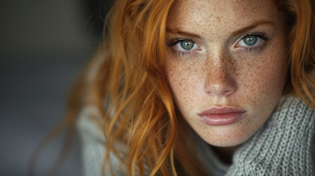 Close up of a woman with freckled hair.の素材