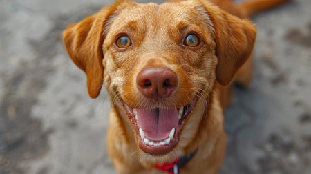A close up of a dog with its mouth open showing teeth and tongue.の素材