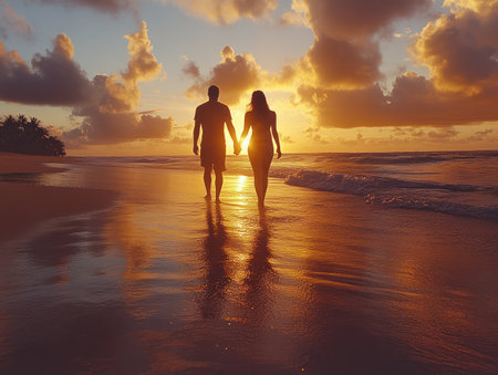 A couple holds hands while walking along a beach, enjoying the sunset and reflecting on their day.の素材