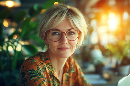 A woman enjoys a peaceful moment in a lively cafe surrounded by greenery as the sun sets.の素材