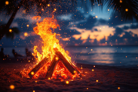 A lively bonfire provides warmth as the sun sets over the ocean, creating a magical atmosphere.の素材