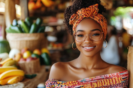 Joyful woman poses at a lively market surrounded by colorful fruits and vegetables, reflecting local culture.の素材