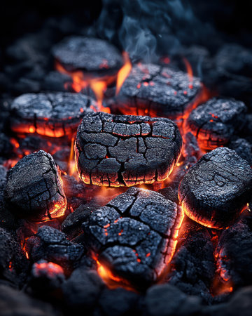 Charcoal pieces emit glowing embers while smoke swirls in the evening light, enhancing the warmth.の素材