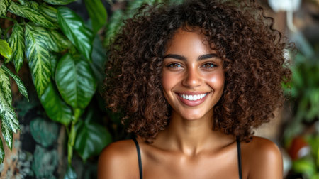 A cheerful young woman with curly hair smiles while surrounded by vibrant green plants indoors.の素材