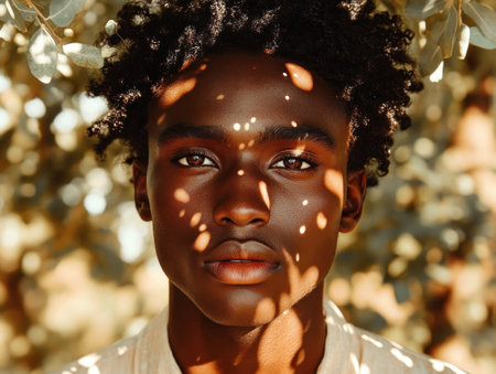 Young mans face is illuminated by dappled sunlight filtering through foliage, creating a captivating effect.の素材