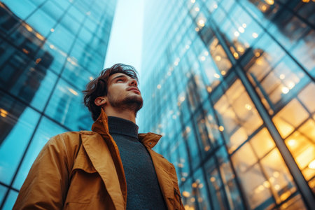 A man stands in urban surroundings, observing towering buildings as evening light reflects off glassの素材