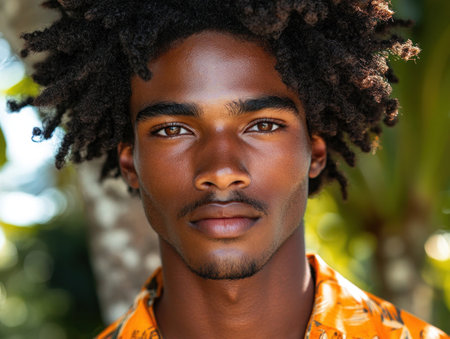 Young man poses confidently in a vibrant orange shirt with natural curls surrounded by lush greenery.の素材
