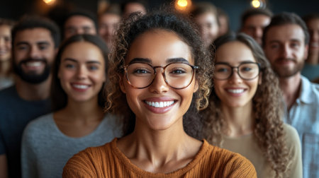 A group of cheerful people stands closely together, showcasing friendship and unity in a lively atmosphere.の素材