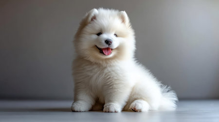 A young Samoyed puppy with a bright smile enjoys its time indoors in soft lighting.の素材