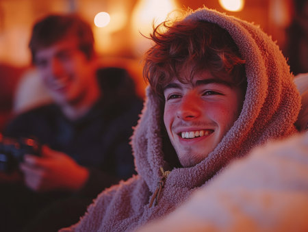 Two friends share smiles while gaming in a cozy, warmly lit room during a relaxed indoor evening.の素材