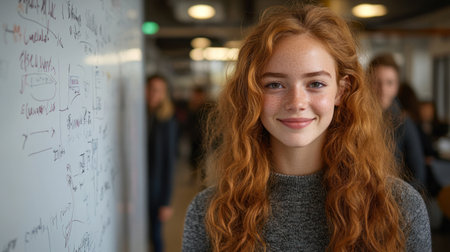 A young woman with curly red hair stands in a modern classroom, exuding confidence and warmth.の素材