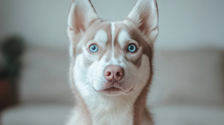 A beautiful husky with blue eyes sits attentively, capturing the charm of a cozy home environment.の素材