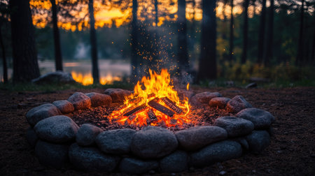 Warm glow from a campfire illuminates a stone circle near a serene lake at sunset.の素材