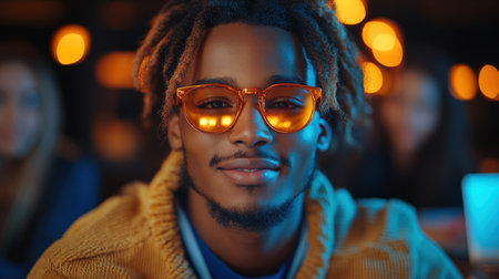 Young man wearing orange glasses smiles warmly in a relaxed, softly lit indoor environment.の素材