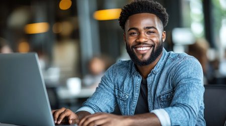 Man enjoys using his laptop in a vibrant cafe setting filled with other patrons.の素材