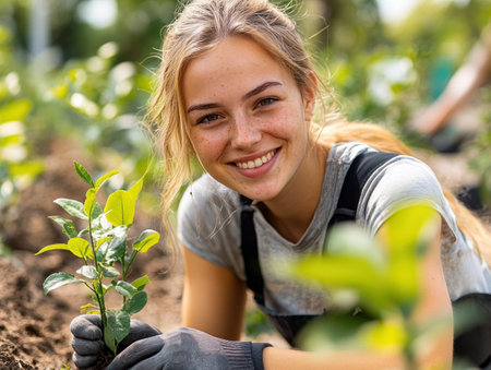 A woman enjoys gardening as she plants young seedlings in rich soil under bright sunlight.の素材