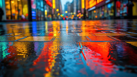 Bright neon lights illuminate the wet pavement as rain falls on a bustling city street at dusk.の素材