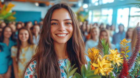 Happy woman holding flowers stands out among a cheerful group of people in a bright location.の素材