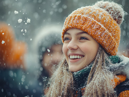Snowflakes fall gently around a cheerful young woman smiling in winter attire, enjoying the snowy atmosphere.の素材