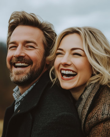 Happy couple laughs and embraces in a serene, green outdoor setting.の素材