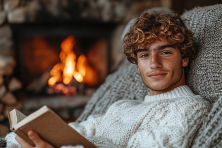 A young man relaxes in a cozy chair, enjoying a book while warm flames glow from the fireplace.の素材