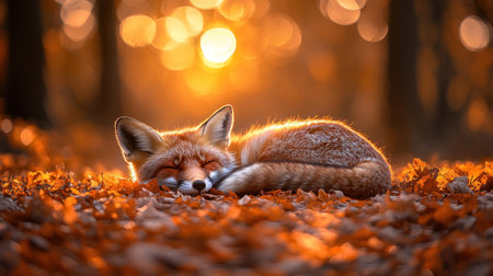A fox sleeps quietly on a bed of colorful autumn leaves as the sun sets, creating a serene atmosphere.の素材