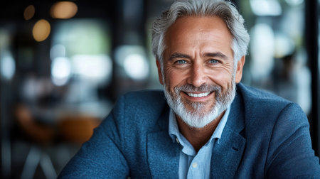 Man in a blue suit smiles warmly while seated at a cafe with a contemporary atmosphere.の素材