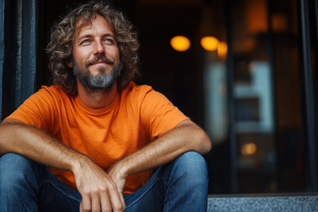 Man with curly hair enjoys a peaceful moment on the stairs with a thoughtful expression and gentle smile.の素材