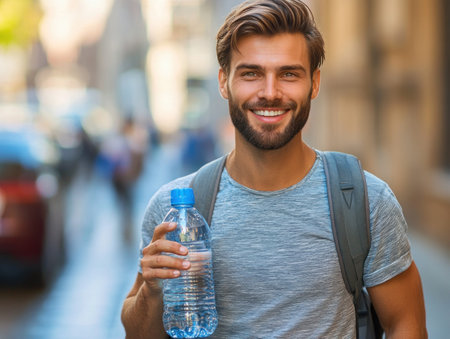 Smiling man holds a bottle of water while walking in a vibrant urban environment on a sunny day.の素材