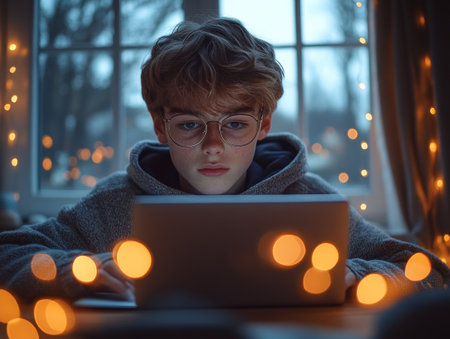 A young individual focused on a laptop while glowing fairy lights illuminate the workspace in the evening.の素材