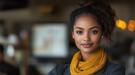 A confident woman stands indoors showcasing her curly hair and bright scarf in a lively setting.の素材