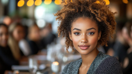 A woman with curly hair looks at the camera while dining at a busy restaurant during an evening meal.の素材
