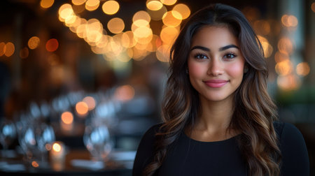 A young woman stands smiling amid a cozy restaurant setting filled with soft lighting.の素材