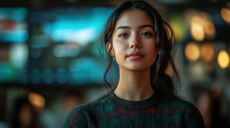 A young woman with long hair stands confidently amidst a colorful background, radiating warmth.の素材